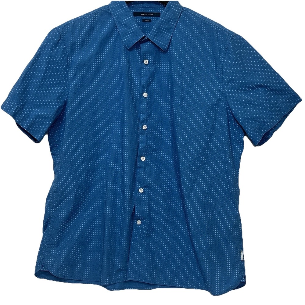 Perry Ellis Slim Fit Teal Short Sleeve Dress Button Shirt Polka Dot Men Size 2XL